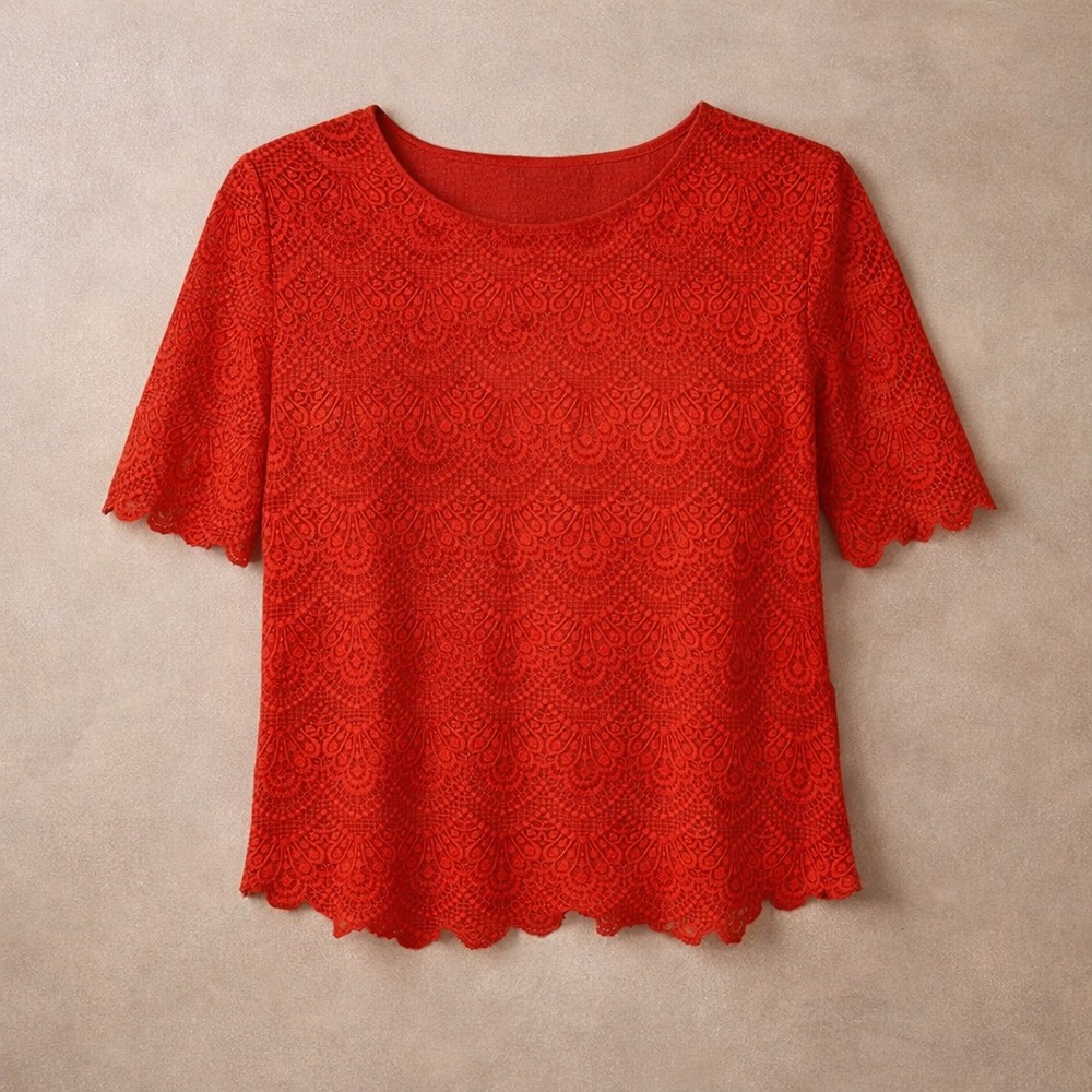 J Crew Top Women Medium Red Orange Scalloped Lace Feminine Classic Timeless